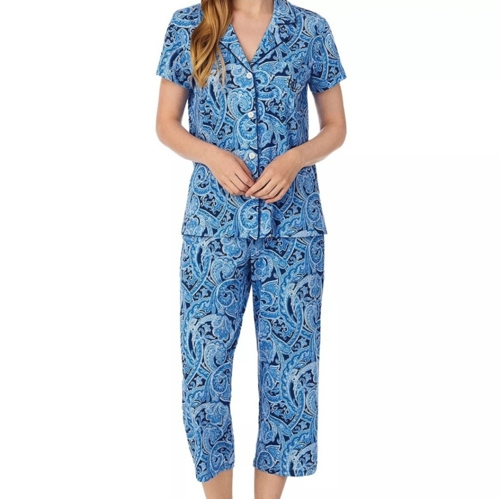Ralph Lauren Black Label Paisley Cropped Pant Loungewear Luxe Pajama Set, Med